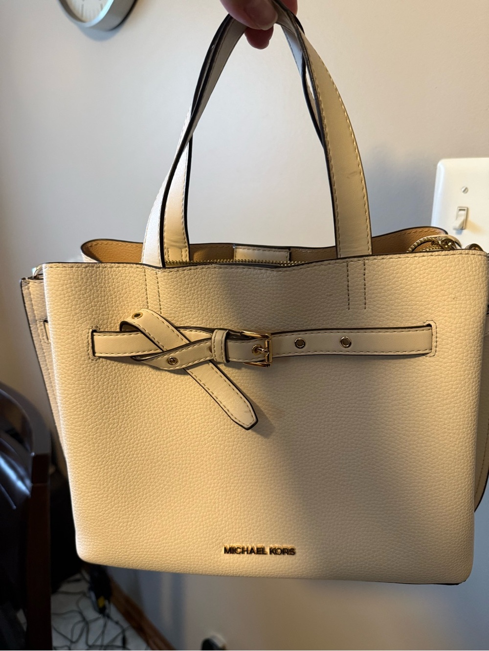 Michael Kors Cream Pebbled Leather Satchel with Buckle Accent